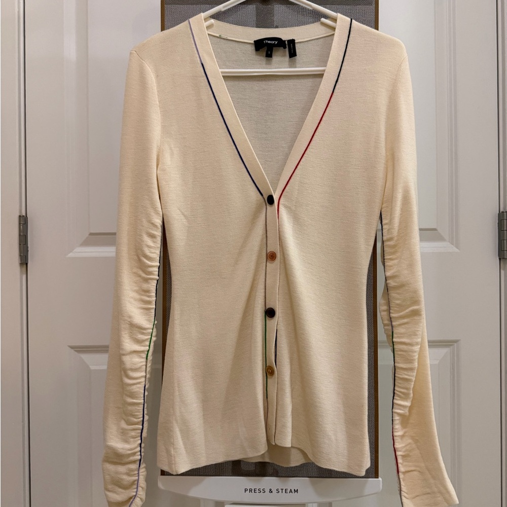 Theory Cream Merino Wool Longline Cardigan with Multicolor Trim – Size S